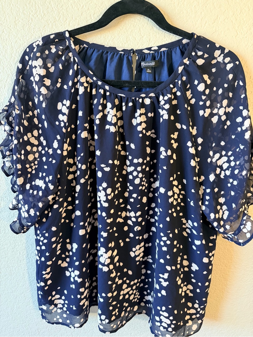Madewell Navy and White Dot-Print Ruffle Sleeve Blouse